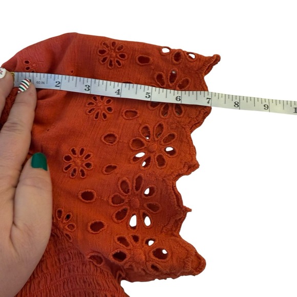 Madewell Eyelet Sleeve Lucie Smocked Peplum Blouse XS Fresh Chili Terracotta - Picture 11 of 12